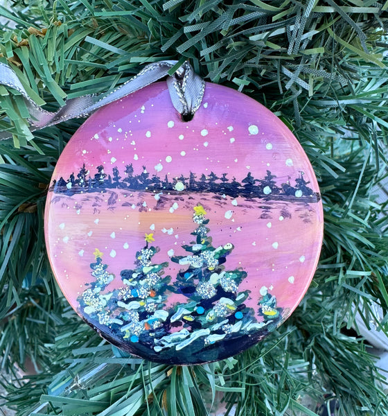 Hand painted ornaments - Sunset lake with sparkly trees ceramic Christmas ornament