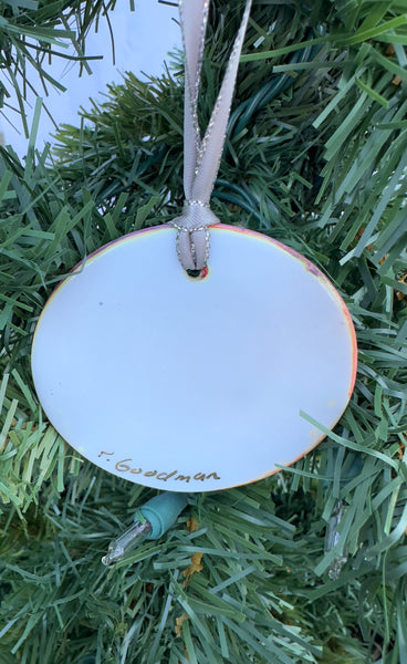 Hand painted ornaments - Sunset lake with sparkly trees ceramic Christmas ornament
