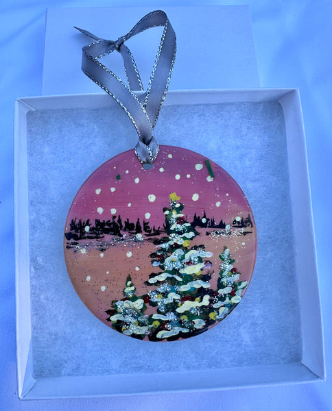 Hand painted ornaments - Sunset lake with sparkly trees ceramic Christmas ornament