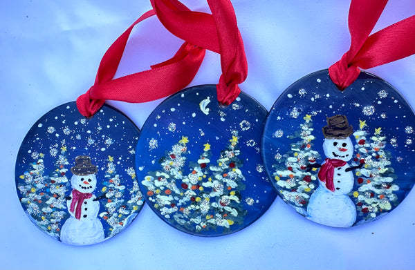 Hand painted ornaments - Snowman and Christmas trees