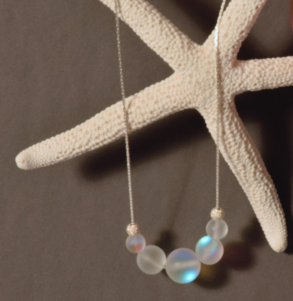 Mermaid glass, glowing  iridescent necklace-frosted white