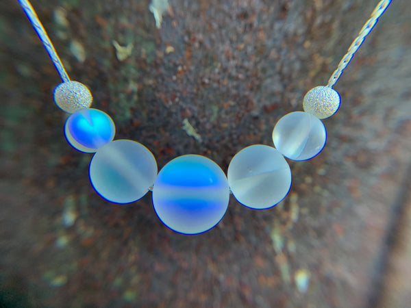 Mermaid glass, glowing  iridescent necklace-frosted white