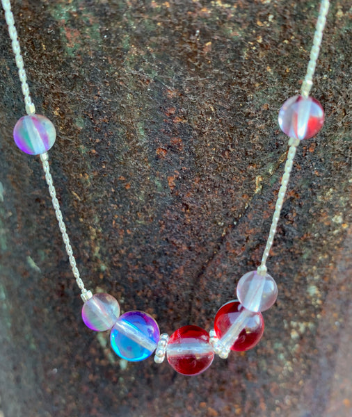 Mermaid glass, glowing  iridescent necklace-red-blue