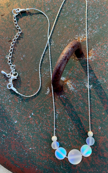 Mermaid glass, glowing  iridescent necklace-frosted white