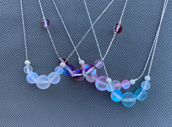 Mermaid glass, glowing  iridescent necklace-frosted white