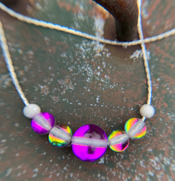 Mermaid glass, glowing  iridescent necklace - Magenta