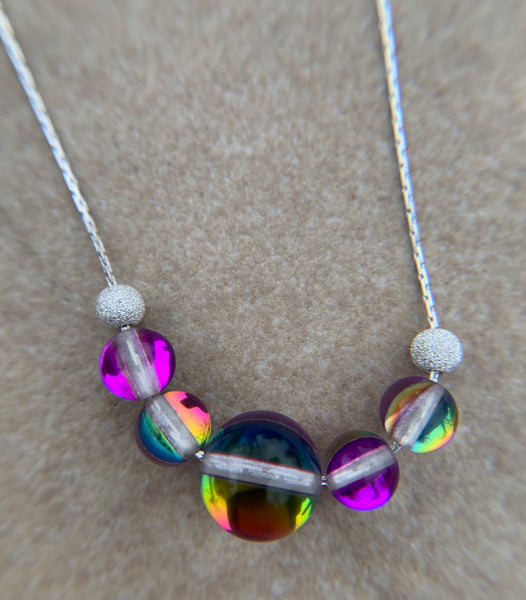 Mermaid glass, glowing  iridescent necklace - Magenta