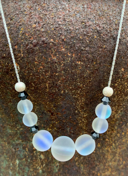 Mermaid glass necklace or earrings - Frosted white and black Swarovski crystals