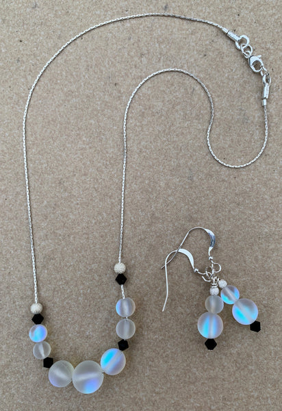 Mermaid glass necklace or earrings - Frosted white and black Swarovski crystals