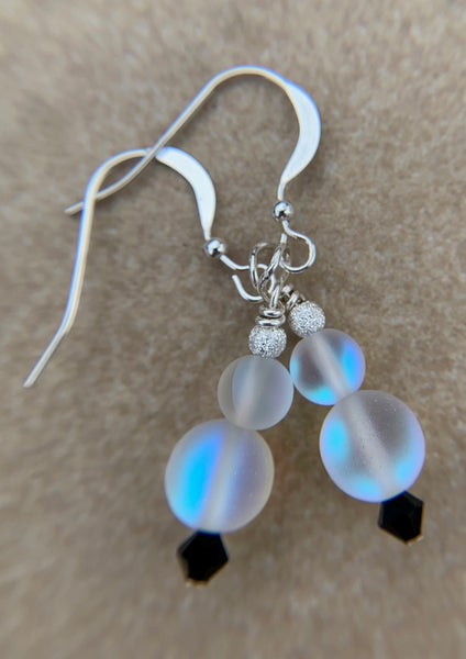 Mermaid glass necklace or earrings - Frosted white and black Swarovski crystals