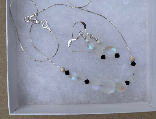 Mermaid glass necklace or earrings - Frosted white and black Swarovski crystals