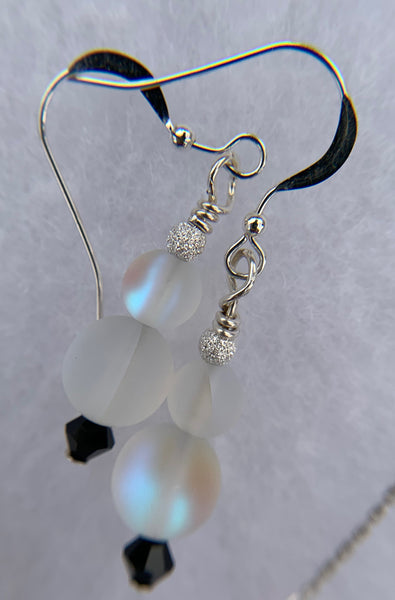 Mermaid glass necklace or earrings - Frosted white and black Swarovski crystals