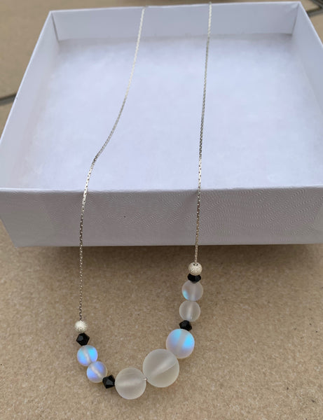 Mermaid glass necklace or earrings - Frosted white and black Swarovski crystals