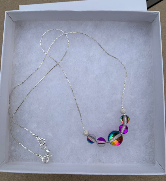 Mermaid glass, glowing  iridescent necklace - Magenta