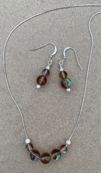 Mermaid glass, glowing  iridescent necklace-brown, green