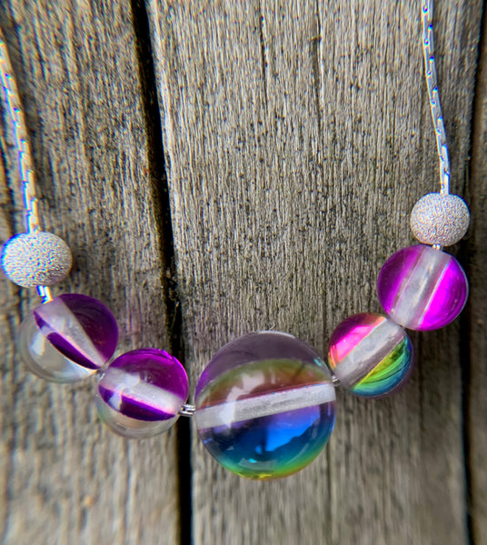 Mermaid glass, glowing  iridescent necklace - Magenta