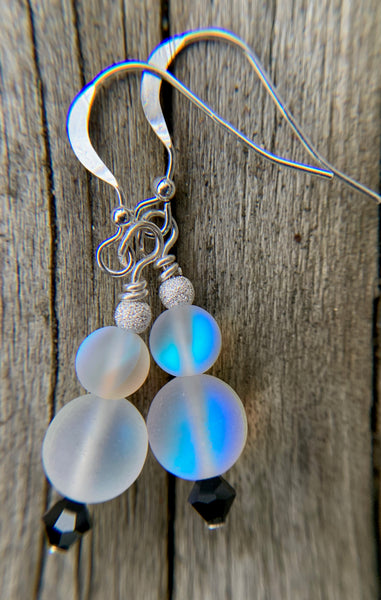 Mermaid glass necklace or earrings - Frosted white and black Swarovski crystals