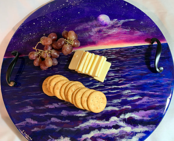 Moon and ocean night scene round serving or charcuterie tray