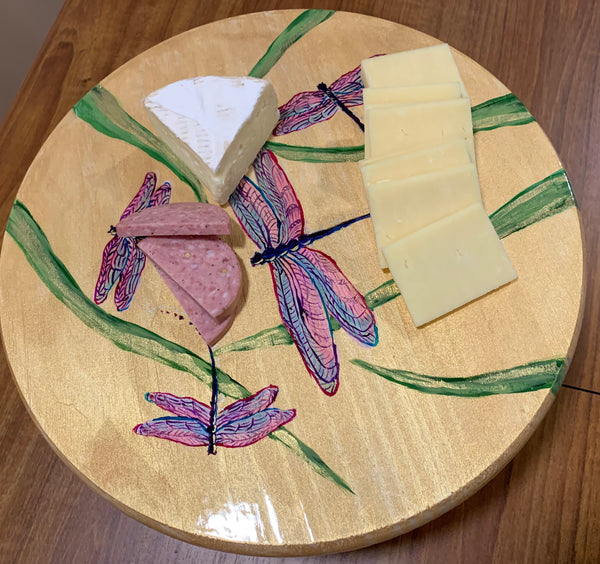 Small round charcuterie board, hand painted dragonfly small round serving or charcuterie tray-12 inch