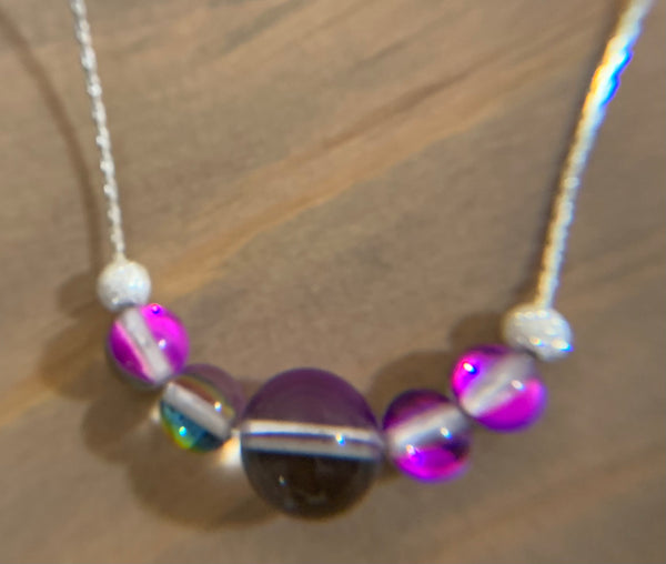 Mermaid glass, glowing  iridescent necklace - Magenta