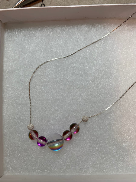 Mermaid glass, glowing  iridescent necklace - Magenta