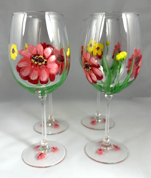 Hand painted Zinnia wine glasses