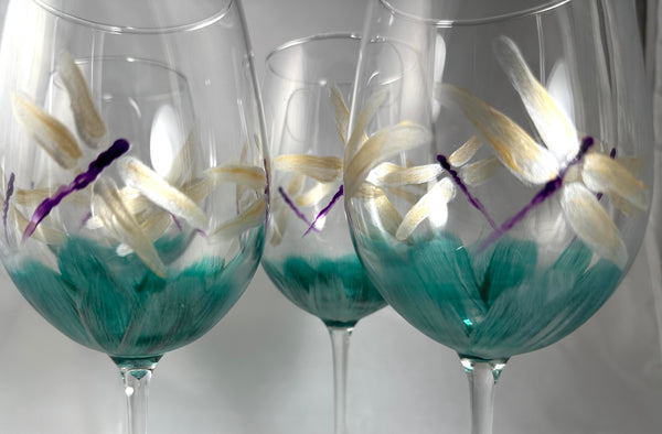 Hand painted dragonfly wine glasses
