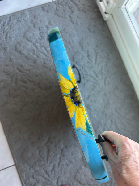Bright yellow Sunflowers, hand painted round serving tray
