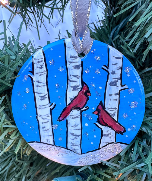 Hand painted ornaments - Cardinals and birch trees with blue sky