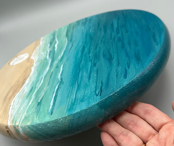 Hand Painted Medium Round Wood Coastal Lazy Susan – Sand Dollar Ocean Turntable, 15”  Serving Tray
