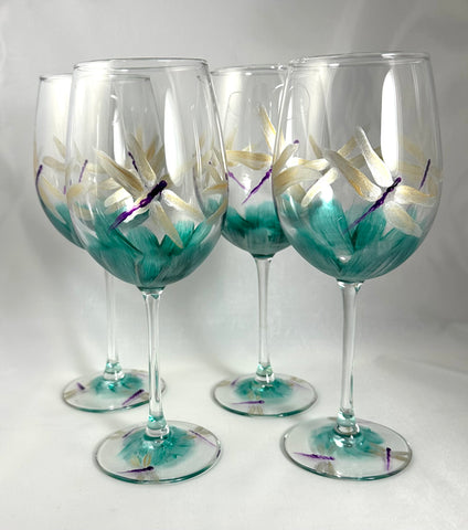 Hand painted dragonfly wine glasses