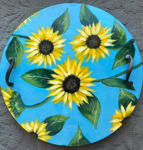 Bright yellow Sunflowers, hand painted round serving, or charcuterie tray