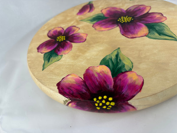 Round, hand painted floral Lazy Susan for serving charcuterie or the center of your table. 12 inch
