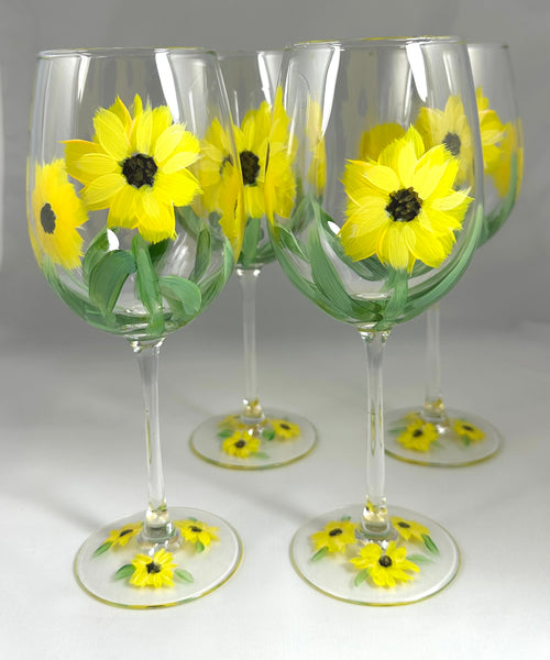 Hand painted Sunflower wine glasses