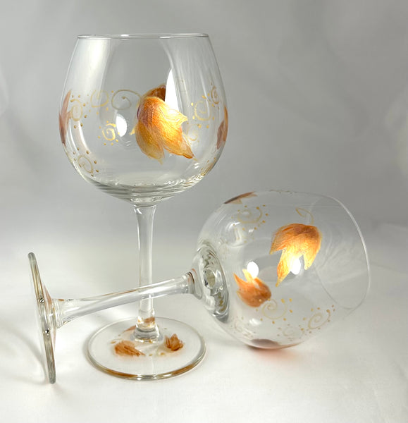 Hand painted gold and bronze fall leaves wine glasses