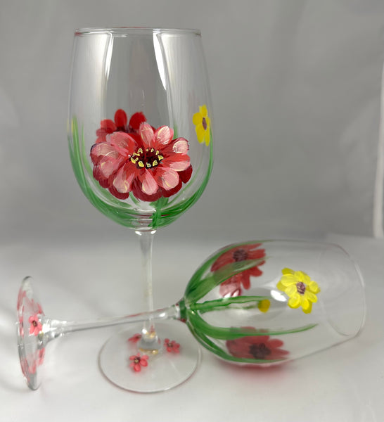 Hand painted Zinnia wine glasses