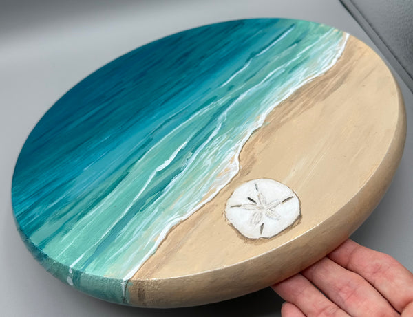 Hand Painted Medium Round Wood Coastal Lazy Susan – Sand Dollar Ocean Turntable, 15”  Serving Tray