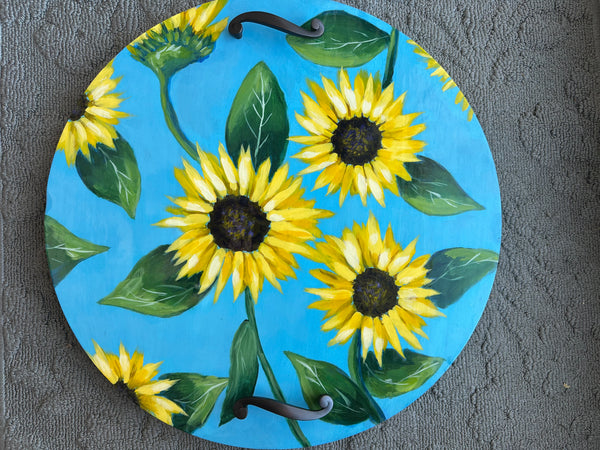 Bright yellow Sunflowers, hand painted round serving tray
