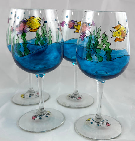 Hand painted tropical fish wine glasses