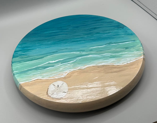 Hand Painted Medium Round Wood Coastal Lazy Susan – Sand Dollar Ocean Turntable, 15”  Serving Tray