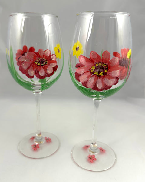 Hand painted Zinnia wine glasses