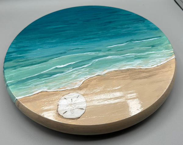 Hand Painted Medium Round Wood Coastal Lazy Susan – Sand Dollar Ocean Turntable, 15”  Serving Tray