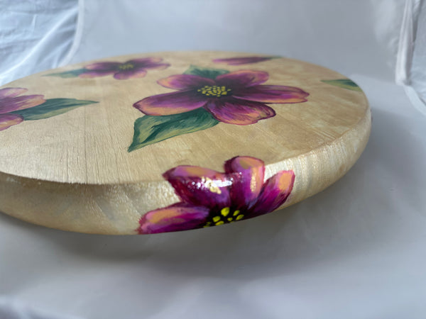 Round, hand painted floral Lazy Susan for serving charcuterie or the center of your table. 12 inch