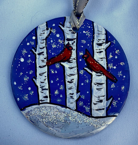 Hand painted ornaments - Cardinals and birch trees