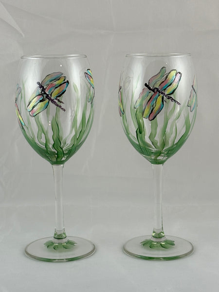 Hand painted dragonfly (white) wine glasses