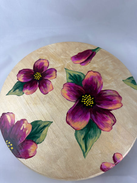 Round, hand painted floral Lazy Susan for serving charcuterie or the center of your table. 12 inch