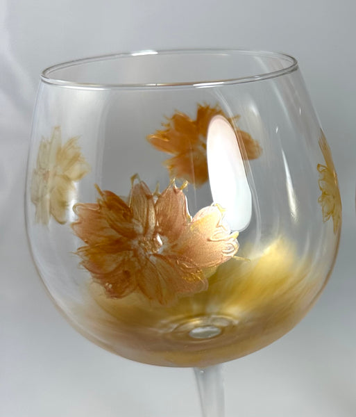 Hand painted gold and bronze floral wine glasses