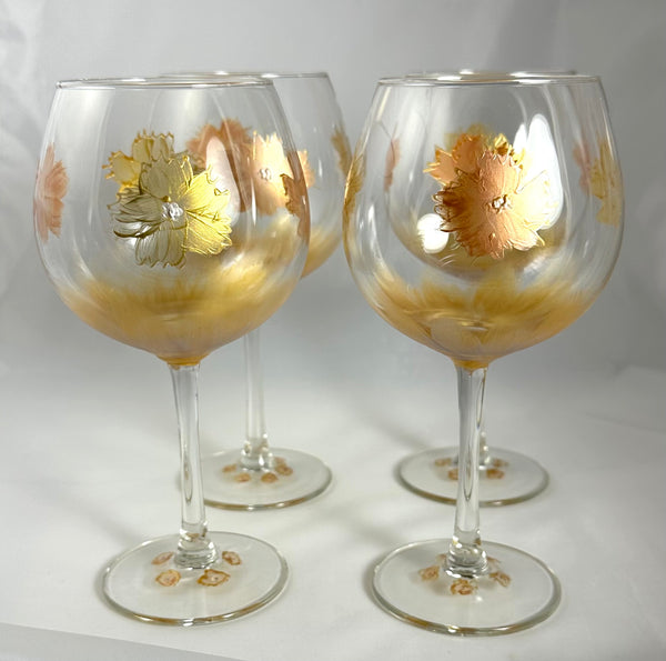 Hand painted gold and bronze floral wine glasses