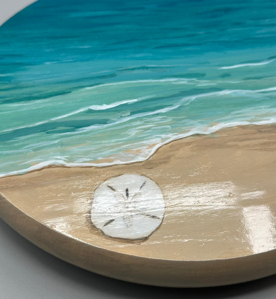 Hand Painted Medium Round Wood Coastal Lazy Susan – Sand Dollar Ocean Turntable, 15”  Serving Tray