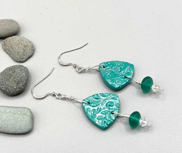 Coastal Scroll Clay Earrings with Sea Glass Beads